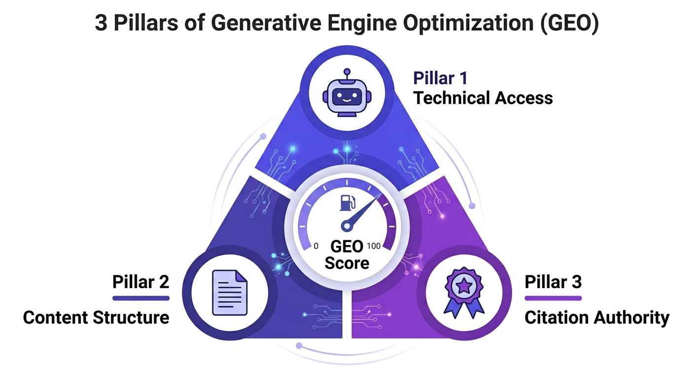 3 pillars of Generative Engine Optimization diagram